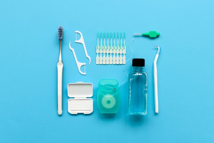 Toothbrush, cleanser, floss, flossers, wax for braces and interdental brush.