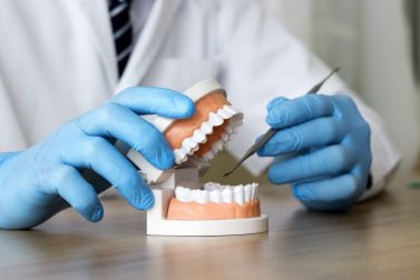 Orthodontist working on a model mouth display
